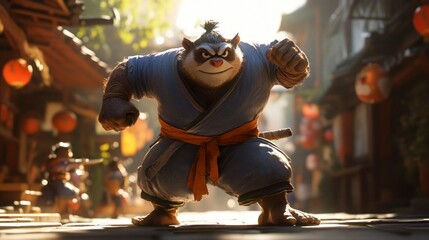 Martial arts ready stance ancient village animated character action-packed dynamic environment explosive concept