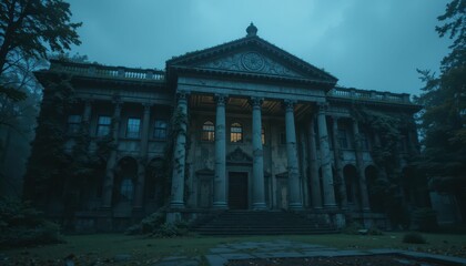 Naklejka premium Abandoned Mansion with Columns and Eerie Atmosphere at Dusk