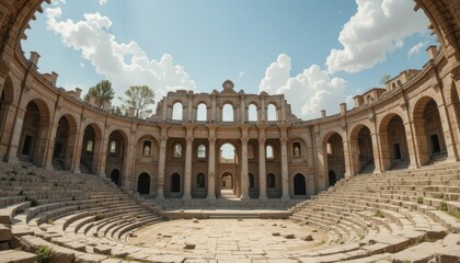 Obraz premium Ancient Roman Theater Ruins Surrounded by Blue Sky and Clouds