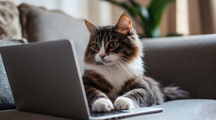 A cat is lying on a sofa with a laptop, seemingly working or browsing the internet. The cat's attentive expression and the cozy setting create a warm, relatable scene.