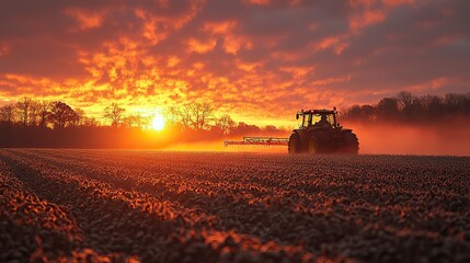 Fototapeta premium tractor spraying a soybean field as the sun sets