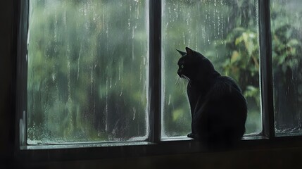 a black cat sits on a windowsill, watching the rain outside