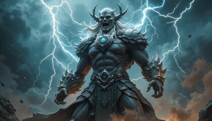 Powerful Warrior Surrounded by Lightning in a Dark Fantasy Scene