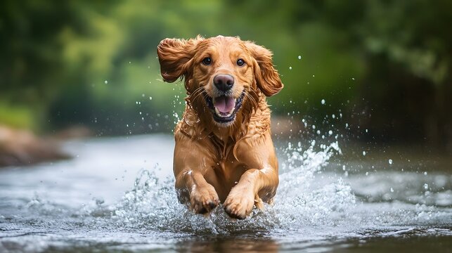 a golden retriever joyfully running through shallow water, with water splashing around him
