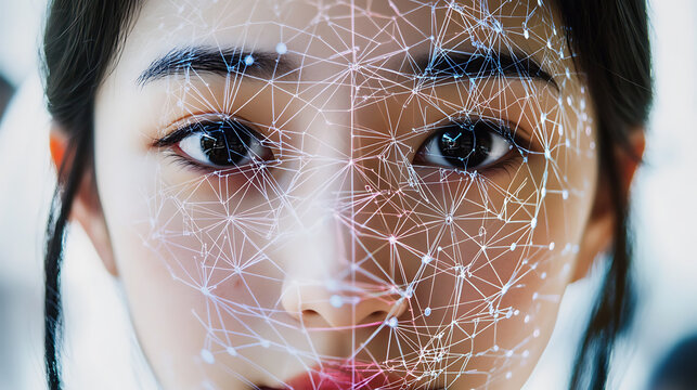 Asian woman expresses confidence as artificial intelligence technology visualizes her face with digital neural network connections