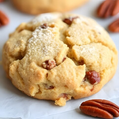 Close-up Delicious Homemade Pecan Cookies with Sugar Dust on White Parchment Paper.
