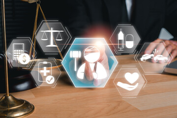 Visual representation of personal injury law with justice symbols and lawyer in a professional office environment.