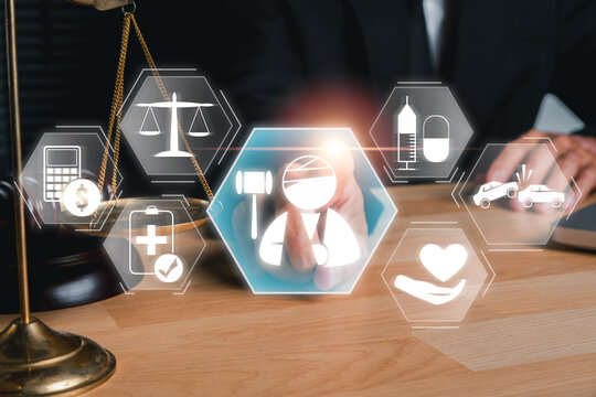 Visual representation of personal injury law with justice symbols and lawyer in a professional office environment.