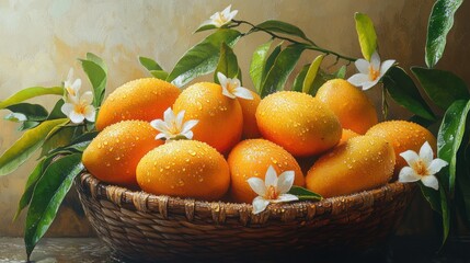 Ripe mangoes in wicker basket, blossoms, still life, kitchen setting, food photography