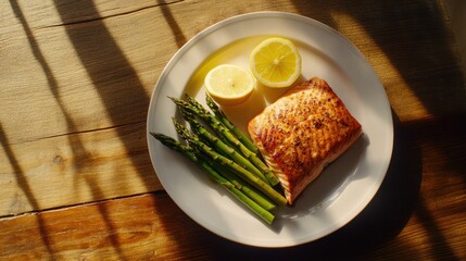 Grilled Salmon with Asparagus on Plate, Sunlight
