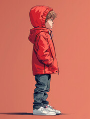 Fototapeta premium Charming hand-drawn illustration of a cute little boy in a stylish red hoodie