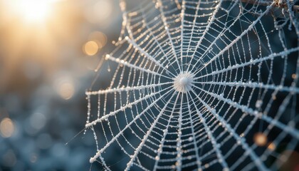 Obraz premium Frosted Spider Web Glimmering in the Morning Light