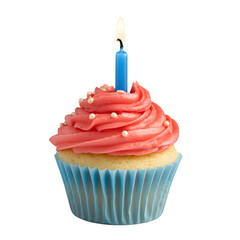 A beautifully decorated vanilla cupcake with smooth red frosting, small pearl sprinkles, and a burning blue candle