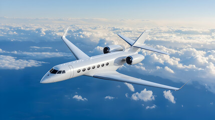 Obraz premium White Private Jet Soaring Above a Breathtaking Cloudscape High in the Vibrant Blue Sky During Luxurious Air Travel