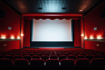 Fototapeta premium Empty of cinema in red color with white blank screen. Mockup of hall without people. Classic cinema auditorium with red seats and a large blank screen