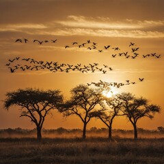 A group of storks migrating under a golden sunset sky.