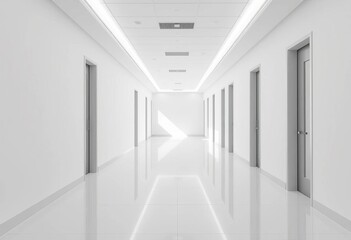 Fototapeta premium Clean white office hallway with blank wall for mockup, business, showcase