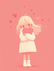 Captivating illustration of a cute little girl embracing a heart in a charming pink world