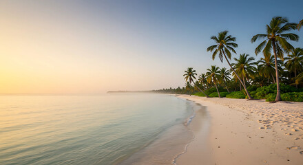 Idyllic Tropical Beach at Sunrise with Calm Waves and Swaying Coconut Trees