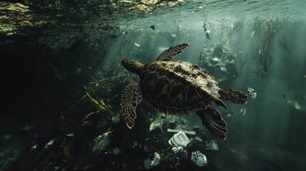 Heartbreaking Underwater Scene of Sea Turtle Navigating Through Floating Plastic Waste