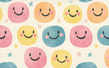 A seamless digital pattern featuring colorful smiley faces and stars in pastel tones on a white background, creating a cheerful and playful design.  
