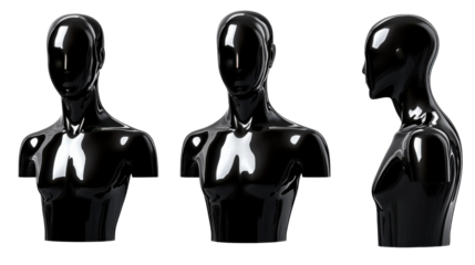 "A black mannequin with a glossy finish, isolated on transparent background, showcasing its elegant form and versatile use in fashion retail