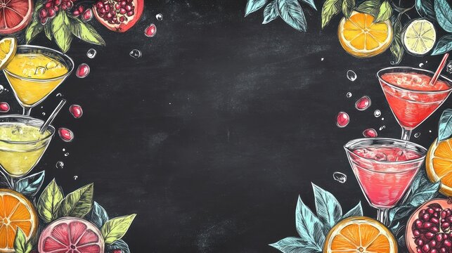 Chalkboard cocktail menu background, fruit slices, drinks