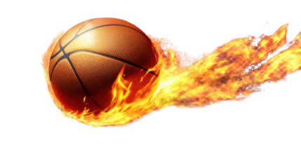 "A blazing basketball ball soaring with flames, isolated on transparent background, creating a thrilling and dramatic action-packed scene.