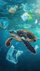 Obraz premium Heartbreaking Underwater Scene of Sea Turtle Navigating Through Floating Plastic Waste