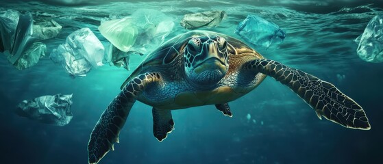 Obraz premium Heartbreaking Underwater Scene of Sea Turtle Navigating Through Floating Plastic Waste