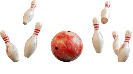 A bowling ball hitting a set of pins and knocking them down in a perfect strike, cut out and isolated on a transparent background, showing the pins in mid-fall.