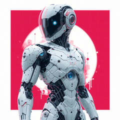 Fototapeta premium Futuristic Robot Standing with Red Background and Cityscape Design