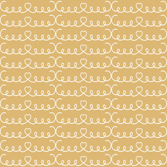 Seamless curled line pattern with small hearts in white on a mustard background. Elegant romantic border-style design perfect for packaging, stationery, and decor.