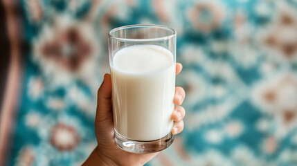 Focus on a child hand holding a glass of milk from Suhoor meal. Soft Ramadan wallpaper with traditional pattern visible. 