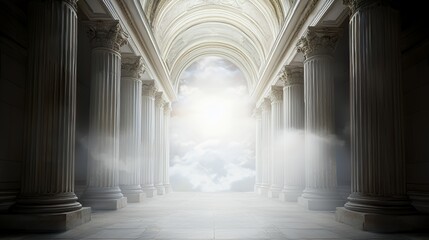 Grand Classical Hallway with White Marble Columns Leading to a Bright Heavenly Sky