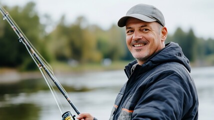 Fisherman smiling and angling on the bank for a hobby, for outdoor advertising