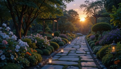 Fototapeta premium Serene Garden Pathway at Sunset with Decorative Lanterns and Flowers