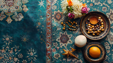 Ramadan wallpaper with star motifs, accentuating a table featuring a traditional Ramadan Suhoor meal and prayer beads. 