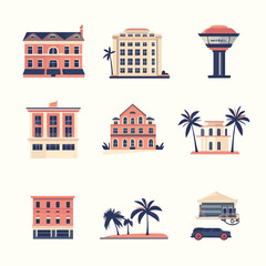 Fototapeta premium Vector illustration of various buildings, palm trees, and a vintage car