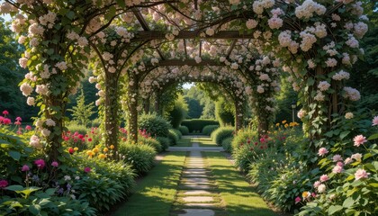 Fototapeta premium Beautiful Floral Pathway Surrounded by Lush Greenery and Blooms