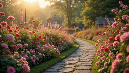 Obraz premium Serene Garden Pathway Surrounded by Blooming Pink Flowers at Dawn