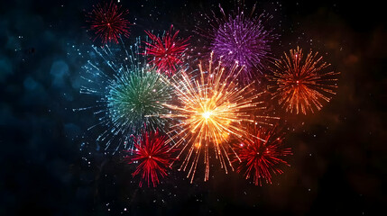 Vibrant Fireworks Bursting Against Dark Night Sky Festive Celebration With Colorful Explosions