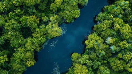 Naklejka premium Aerial view of a winding river gracefully meandering through a lush, vibrant valley landscape.