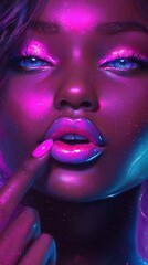 Fototapeta premium Close-up portrait of a person with neon pink and blue lighting, featuring striking blue eyes, glossy pink lips, and matching nails.