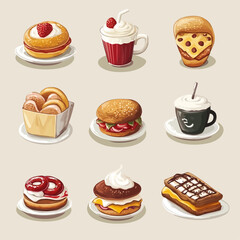 Delicious food illustrations, dessert pastries and coffee cup on plate