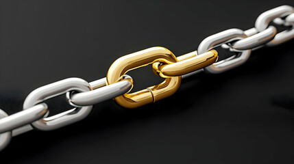 Obraz premium Silver And Gold Chain Links Connected On A Dark Background Representing Strength And Unity In Partnership