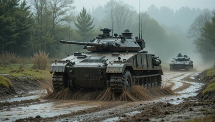 Fototapeta premium Armored Vehicle Traversing Muddy Terrain in Foggy Environment