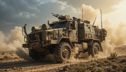 Fototapeta premium Military Armored Vehicle Driving Through Desert Landscape at Sunset