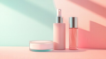 Three elegant cosmetic containers arranged on a pastel background, showcasing beauty products