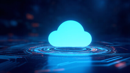 Digital cloud icon shining above abstract blue circuit board, symbolizing data storage technology.